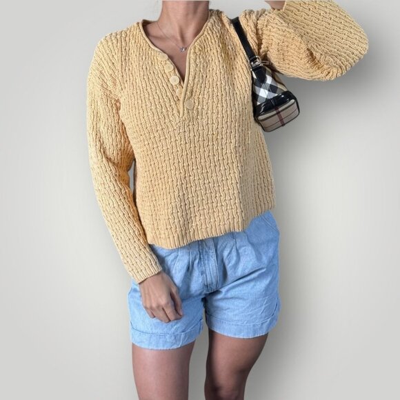 Vintage Maggie Lawrence Textured Knit Henley Sweater Long Sleeve Womens Yellow - Picture 1 of 7